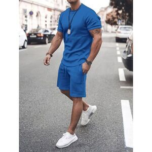 Everyday the Label Round Neck Short Sleeve Top and Shorts Set Men Blue Sets